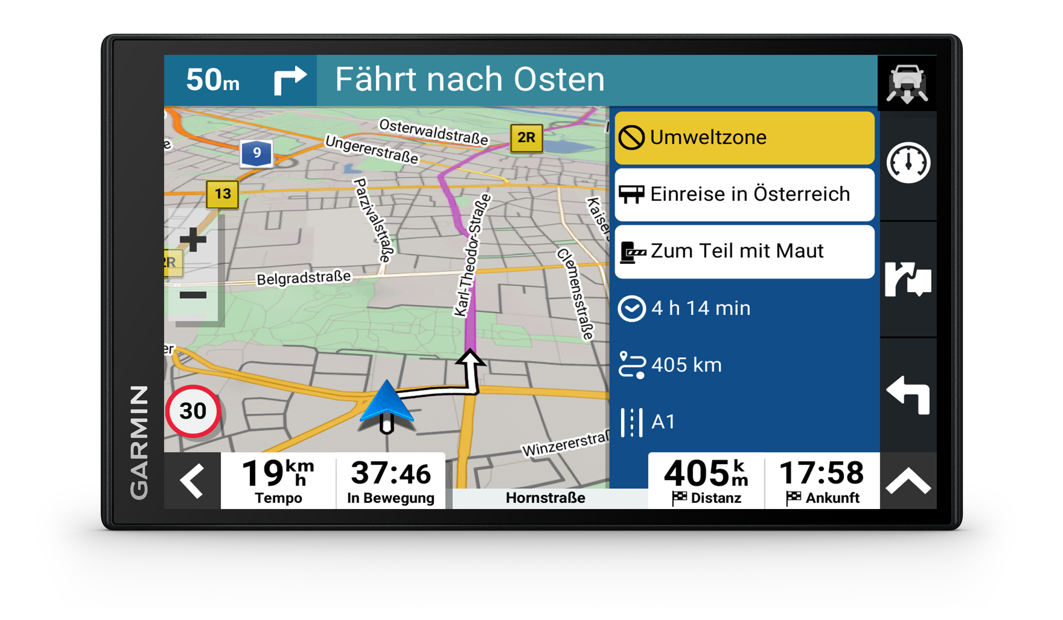 Ein Garmin GPS-Bildschirm zeigt eine Routenkarte mit Navigationsdetails und Optionen.