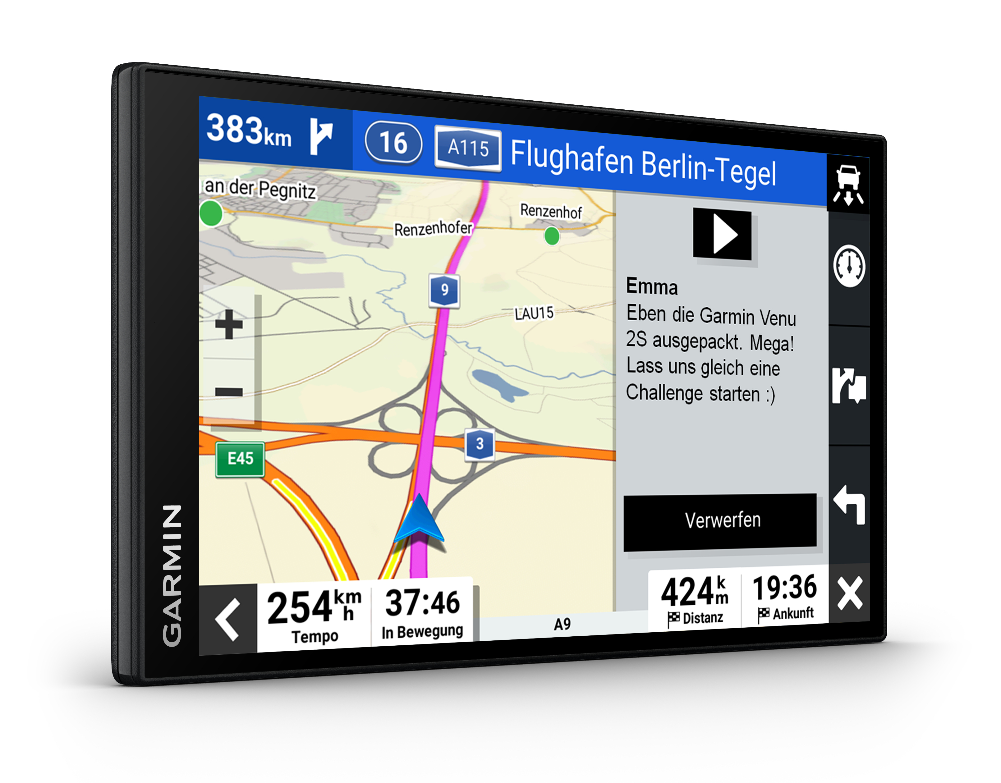 Eine schwarze Garmin Dashcam mit einer roten Warnung auf dem Bildschirm.