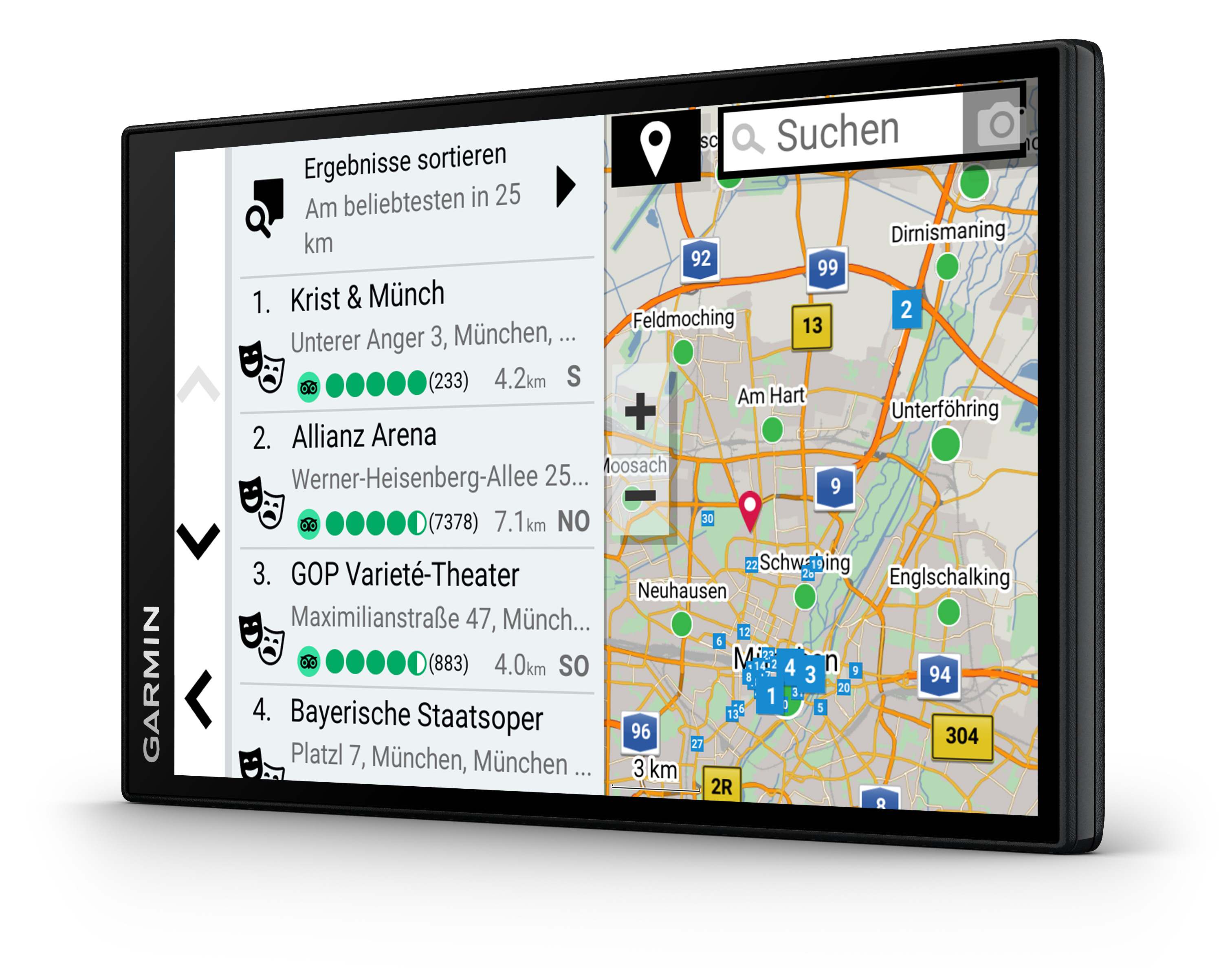 Ein Garmin GPS-Gerät, das eine Karte mit Such- und Navigationsoptionen anzeigt. Schwarzer Rahmen.