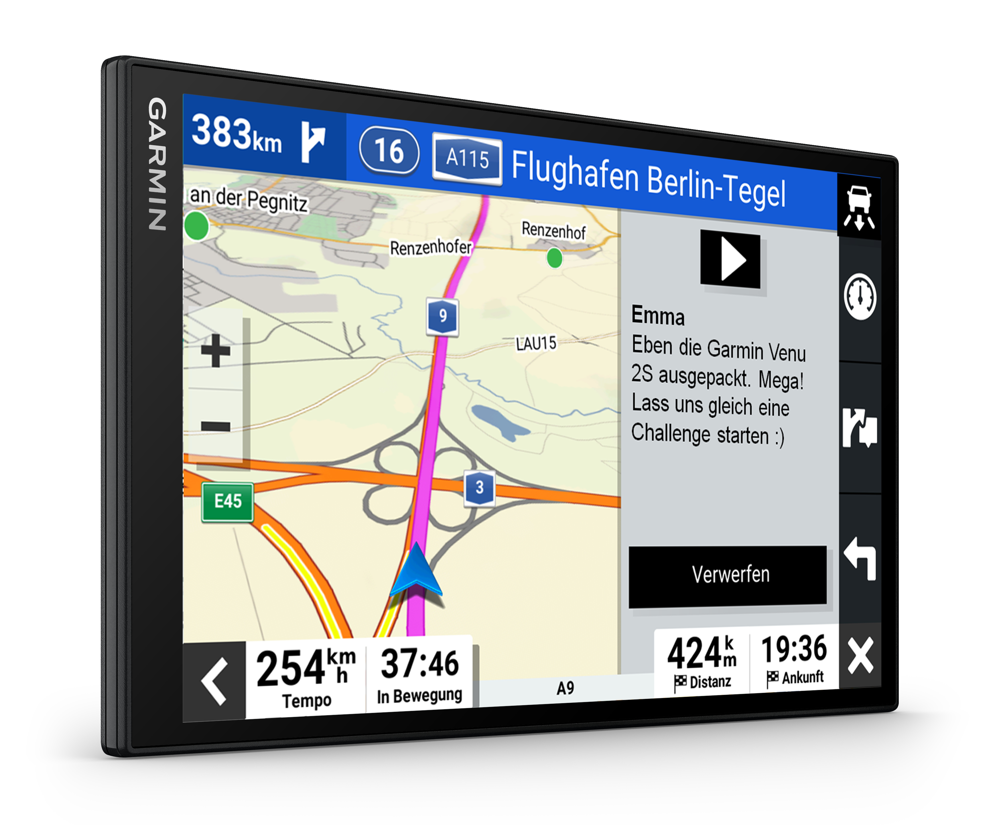 Ein GPS-Navigationsgerät, das eine Karte mit Wegbeschreibungen und anderen Informationen anzeigt.