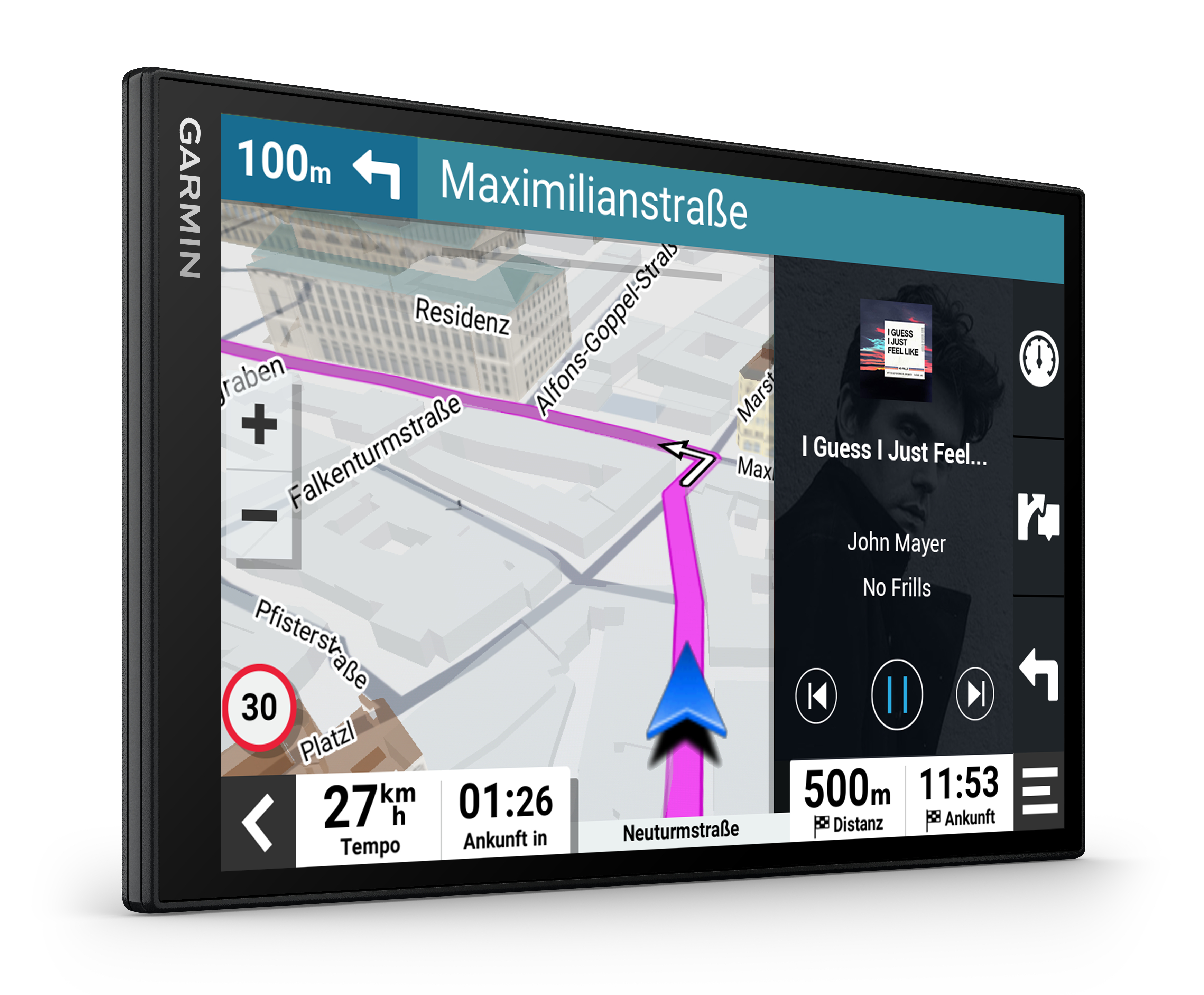 Ein Navigationsgerät-Bildschirm zeigt eine Karte mit einer Route und Musiksteuerungen an.