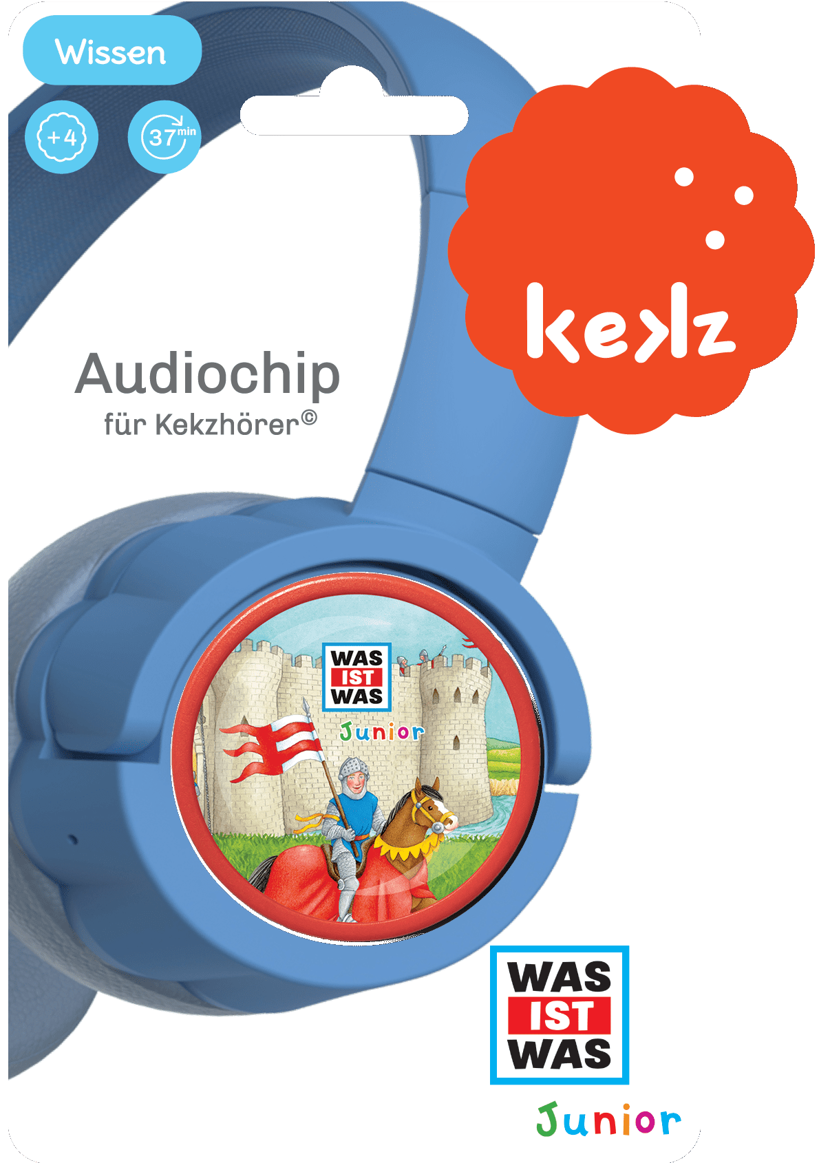 Blaue Kopfhörer-Verpackung mit Ritter-Illustration und 'Was ist Was Junior'-Branding sowie dem 'kelz'-Logo.