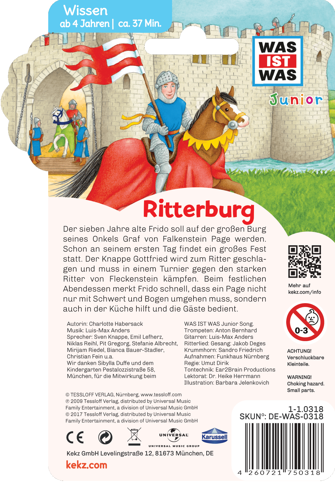 Ein Ritter auf einem braunen Pferd mit Fahne vor einer Burg. Andere Ritter sind auf einer Brücke.