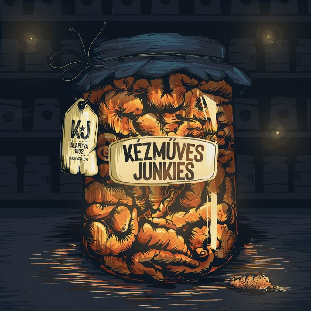 Savanyúságos üveg a Kézmuves Junkies felirattal.