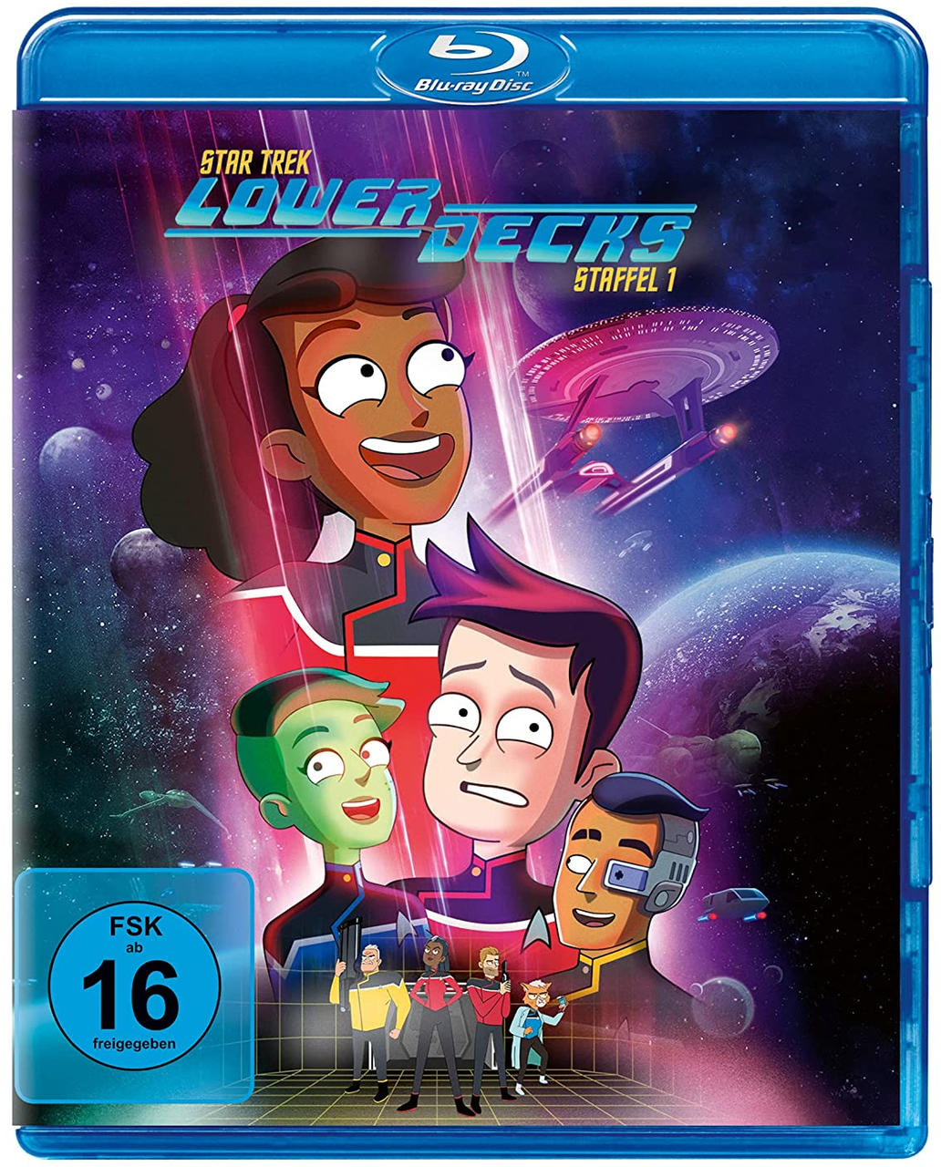 Star Trek: Lower Decks - Staffel 1 Blu-ray-Hülle mit Cartoon-Charakteren.