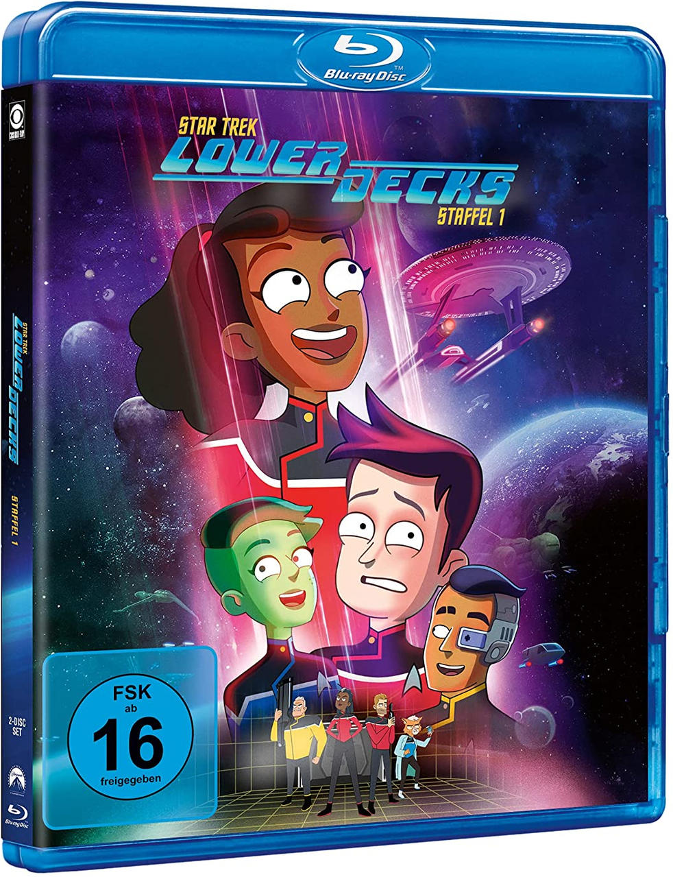 Blu-ray-Disc-Cover mit Zeichentrickfiguren von Star Trek Lower Decks.