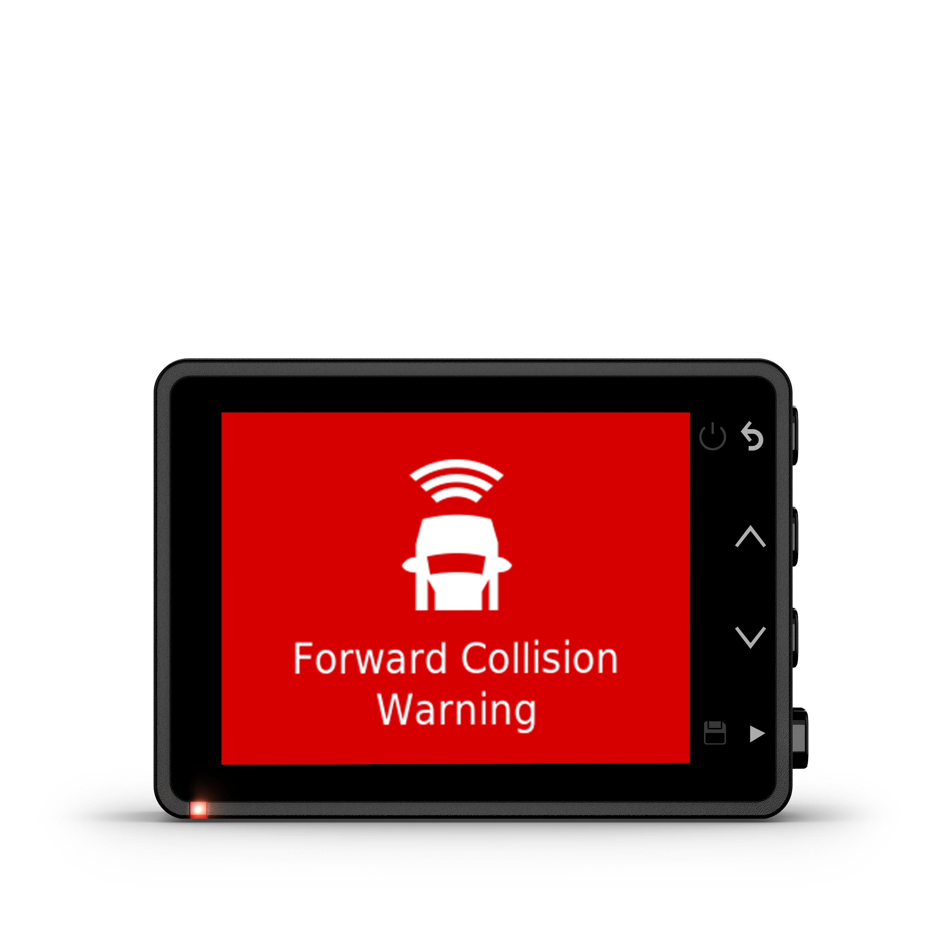 Armaturenbrettgerät mit 'Forward Collision Warning' auf rotem Hintergrund.
