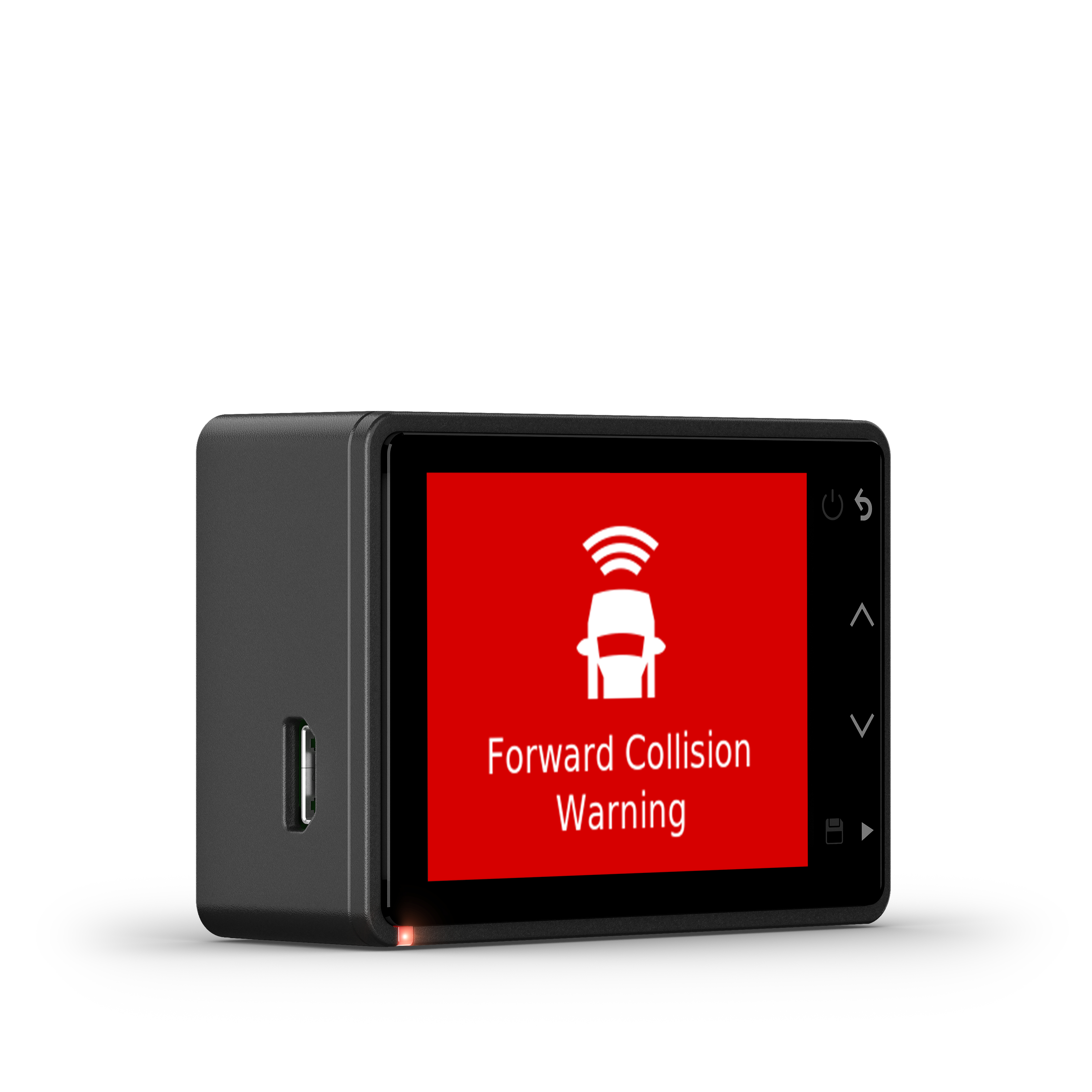 Ein schwarzes Gerät mit rotem Bildschirm, das ein Autosymbol und den Text "Forward Collision Warning" anzeigt.