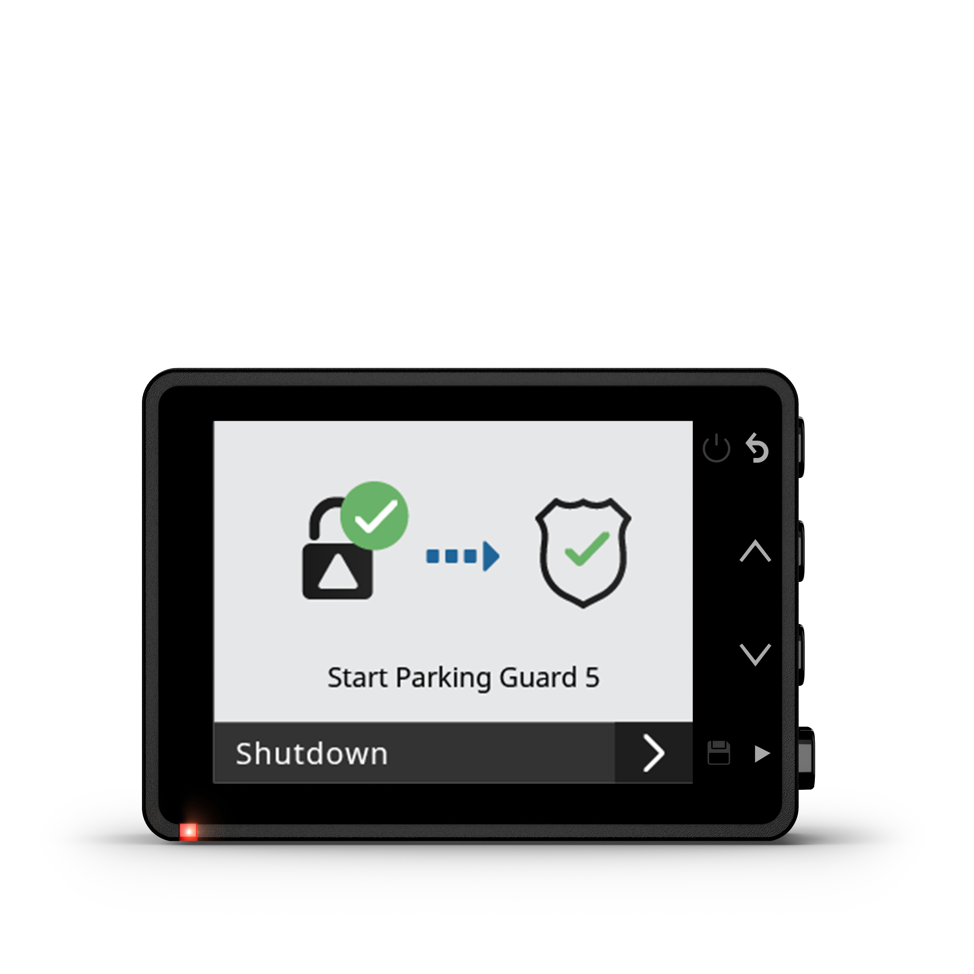 Schwarzes Garmin-Gerät mit Bildschirm, der Schloss- und Schildsymbole mit Text zeigt.