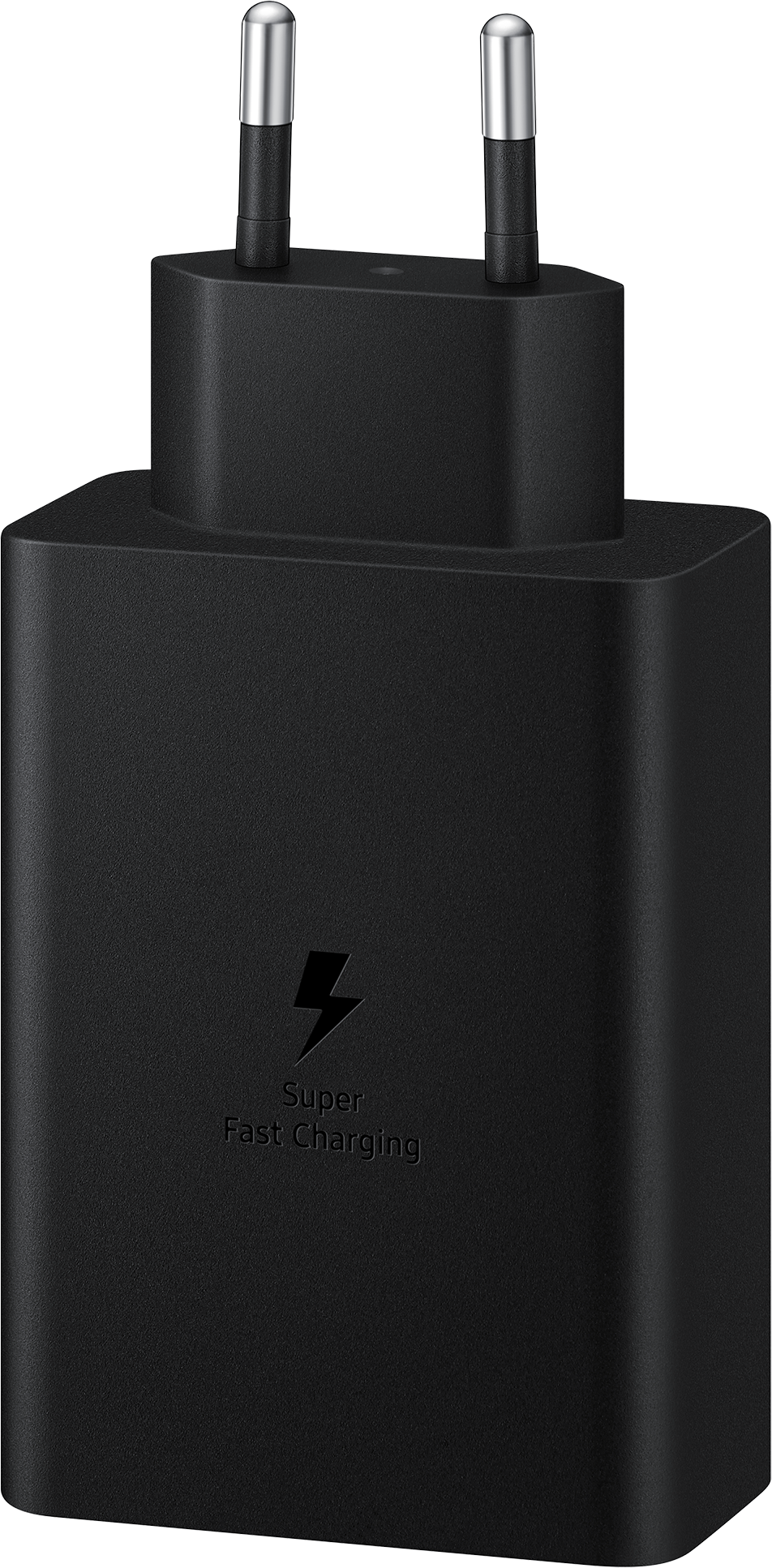 Adattatore di ricarica superveloce Samsung nero con due pin e un logo a forma di fulmine.