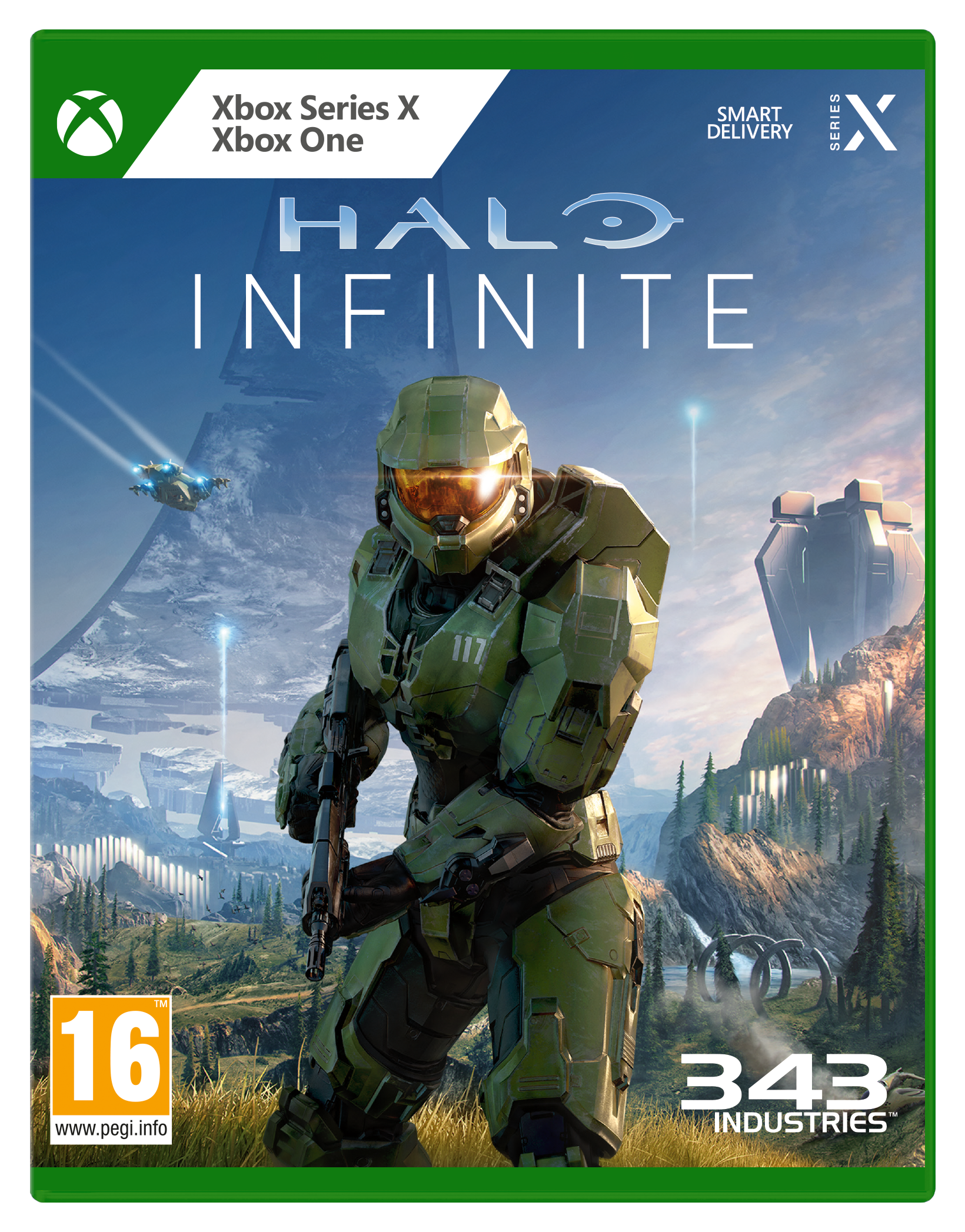 Xbox Series X-Spielbox für Halo Infinite, mit einem Soldaten in Rüstung und dem Spieletitel.