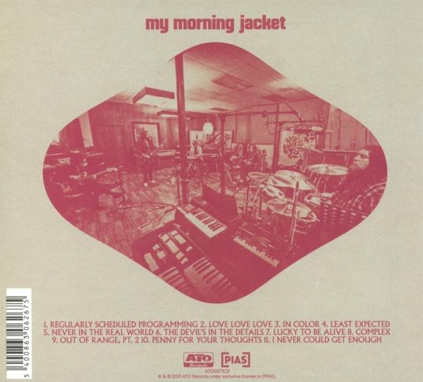 CD-hoes voor 'My Morning Jacket'. Met bandleden en een lijst met titels in roze tinten.