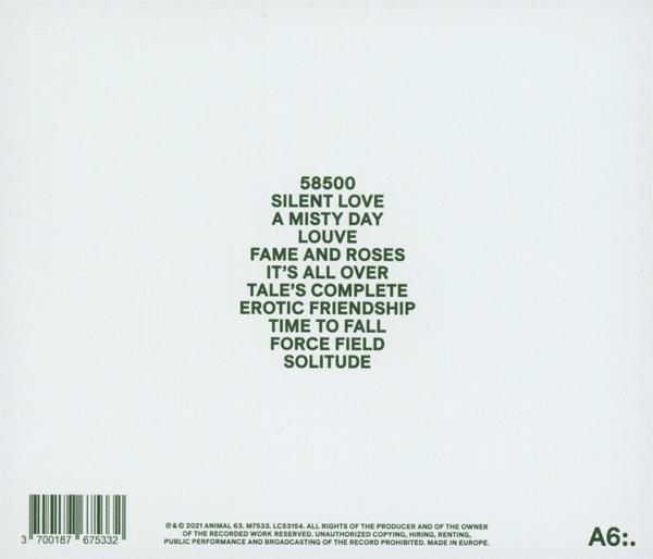 Une pochette de CD blanche avec du texte vert. Elle liste des titres de chansons tels que 'Silent Love' et 'A Misty Day'.