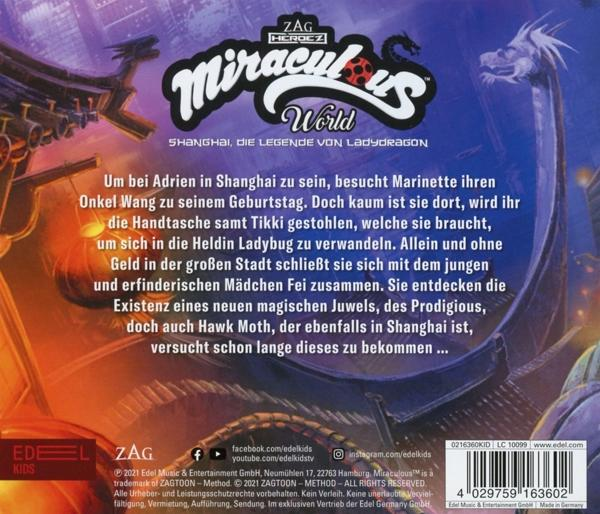 Miraculous World-Cover. Logo in der Mitte, mit Text. Hintergrund zeigt asiatische Architektur.