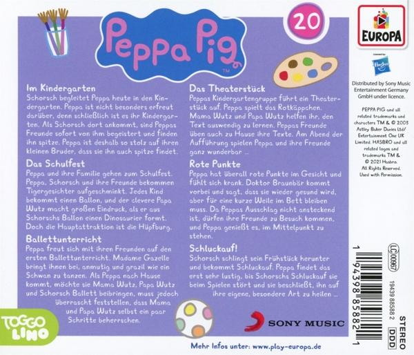 Peppa Wutz CD-Cover. Text auf Deutsch mit bunten Illustrationen. Rosa Hintergrund.