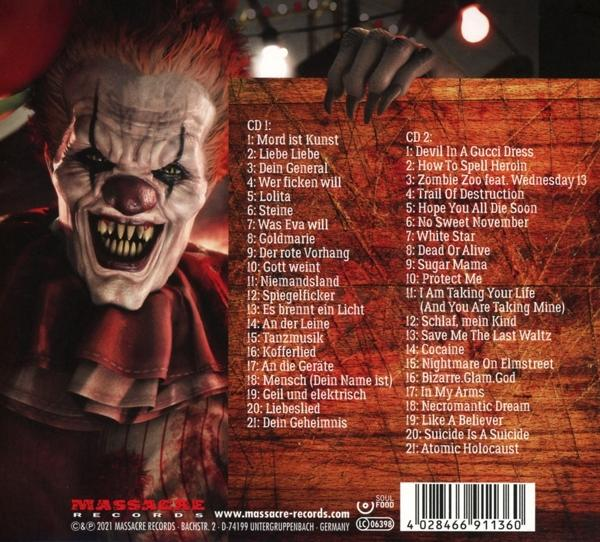 Ein Clown-Gesicht, mit einer Liste von Titeln auf der Rückseite einer CD.