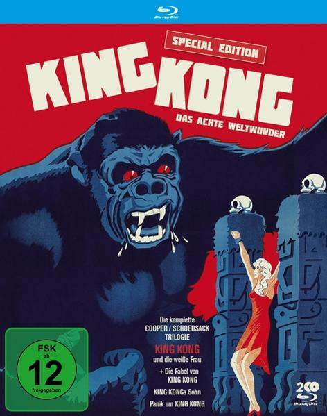 Filmplakat: King Kong mit Frau und Gorilla, roter Hintergrund und deutscher Text.