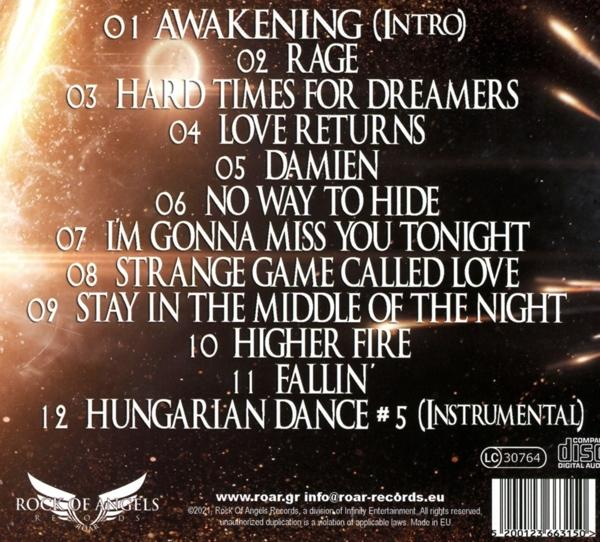 Die Rückseite einer CD mit Trackliste und Text auf einem Hintergrund mit Farbverlauf.