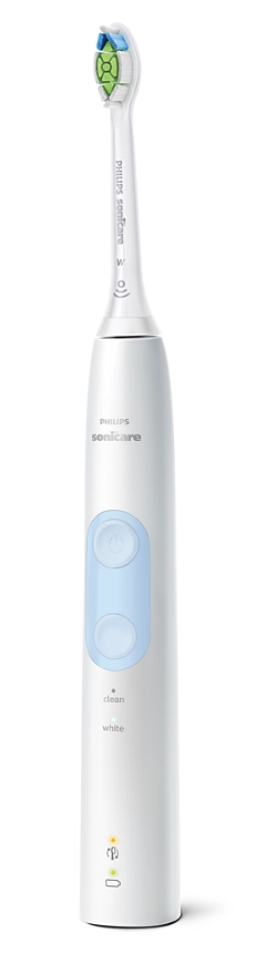 Brosse à dents électrique blanche. Boutons bleus, poils verts et blancs.