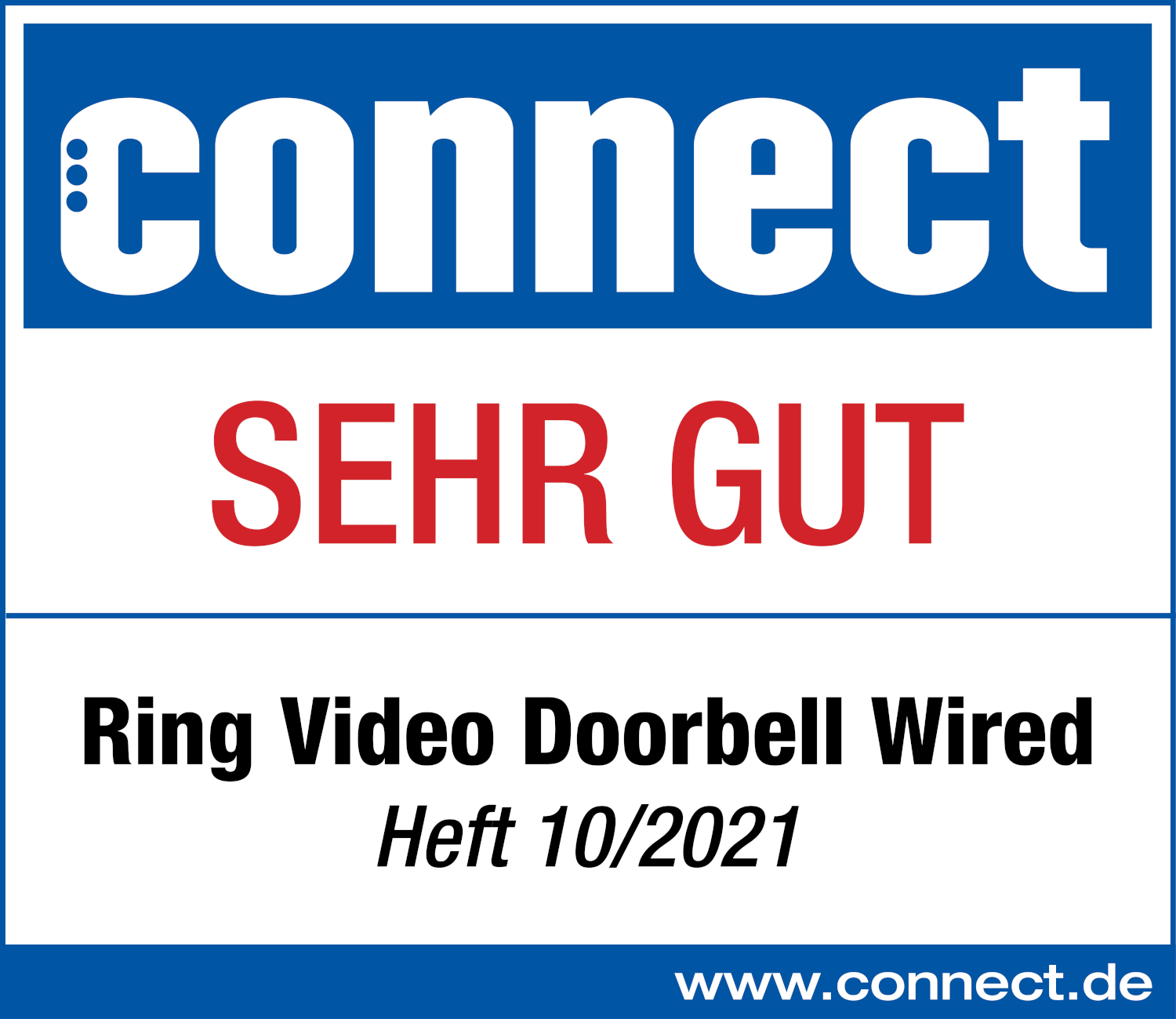 Ein Bewertungsschild mit "connect SEHR GUT" für die Ring Video Doorbell Wired.