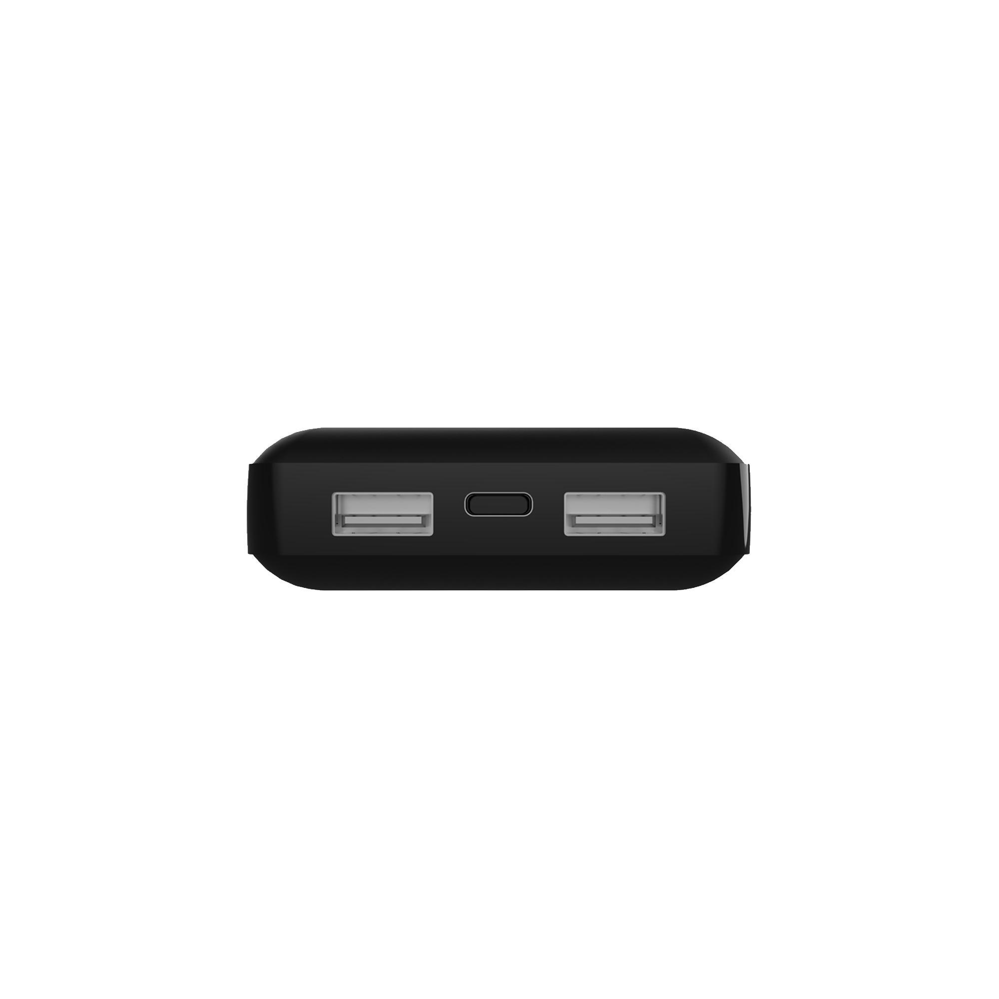 Schwarze Powerbank mit zwei USB-Anschlüssen und einem USB-C-Anschluss. Isoliert.