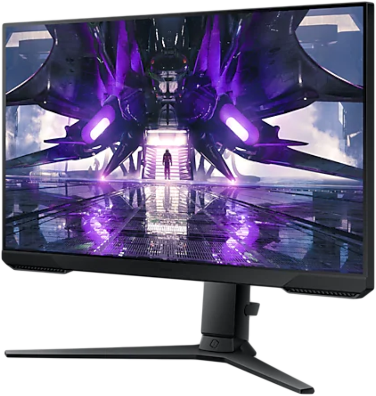 Fekete gamer monitor ívelt képernyővel, futurisztikus jelenetet mutat.