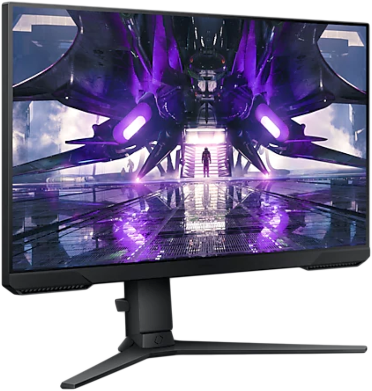 Fekete gamer monitor futurisztikus űrjelenettel.