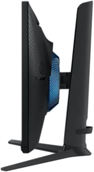 Fekete-kék gamer monitor oldalsó nézete állvánnyal.