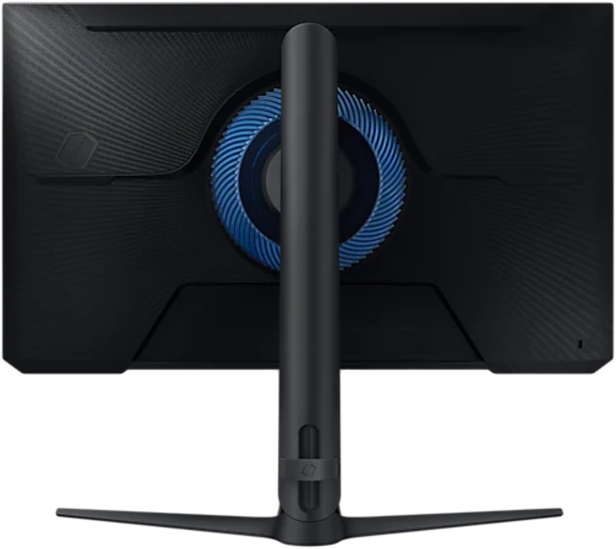 Egy fekete gaming monitor hátulról, kék dizájnelemmel és állvánnyal.