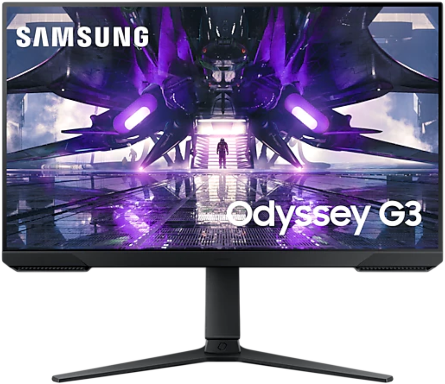 Samsung Odyssey G3 monitor. Fekete keret, állvány. A képernyő egy futurisztikus képet mutat egy űrhajó előtt álló személyről.