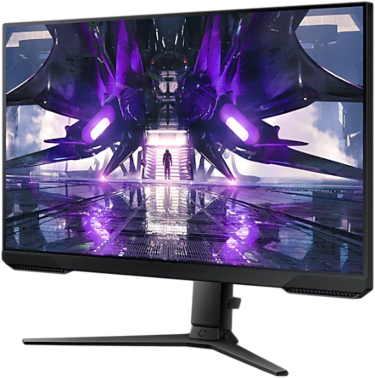 Egy fekete számítógép monitor egy sci-fi jelenetet jelenít meg. Egy alak egy űrhajó előtt áll.