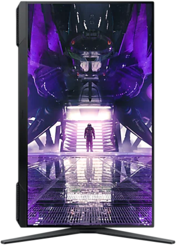 Egy számítógép monitor egy sci-fi jelenetet jelenít meg egy figurával egy futurisztikus folyosón.