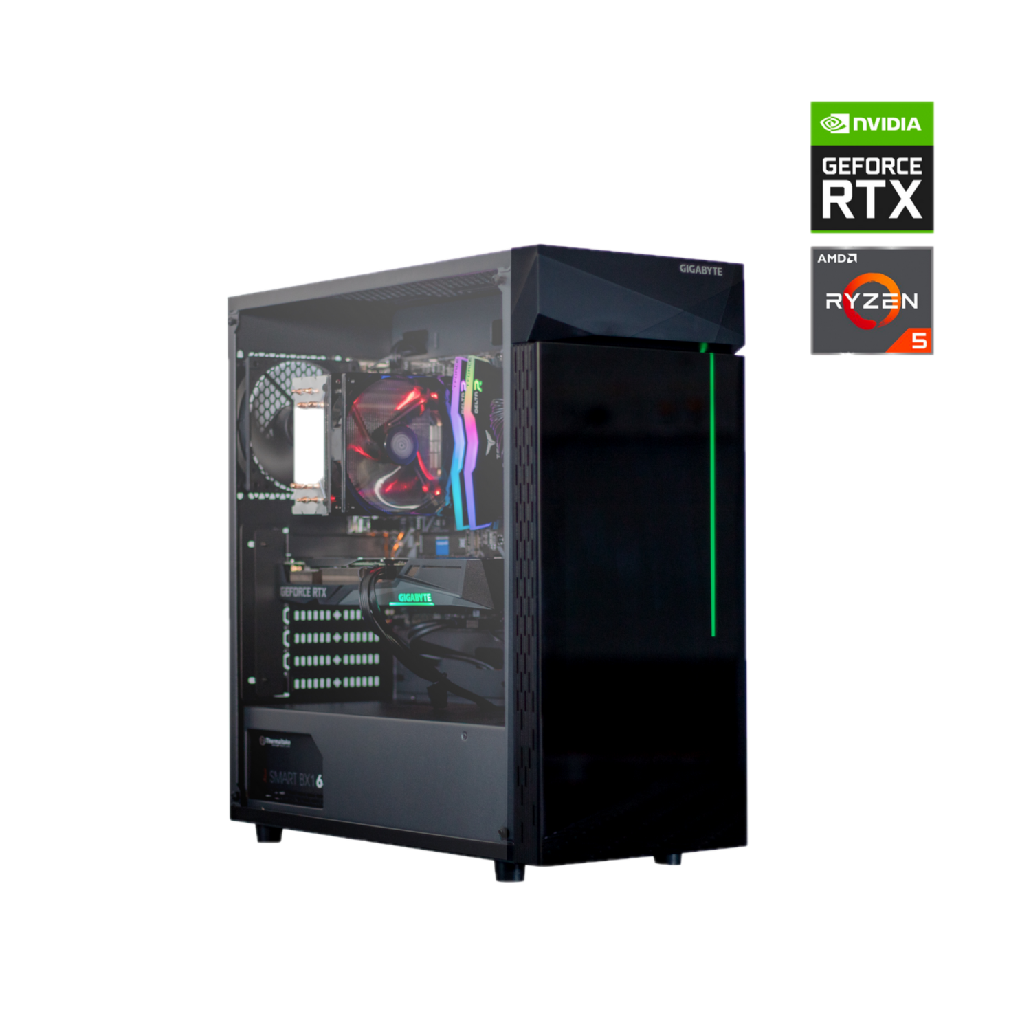 Caja de PC negra con lado transparente, logos Nvidia y AMD.