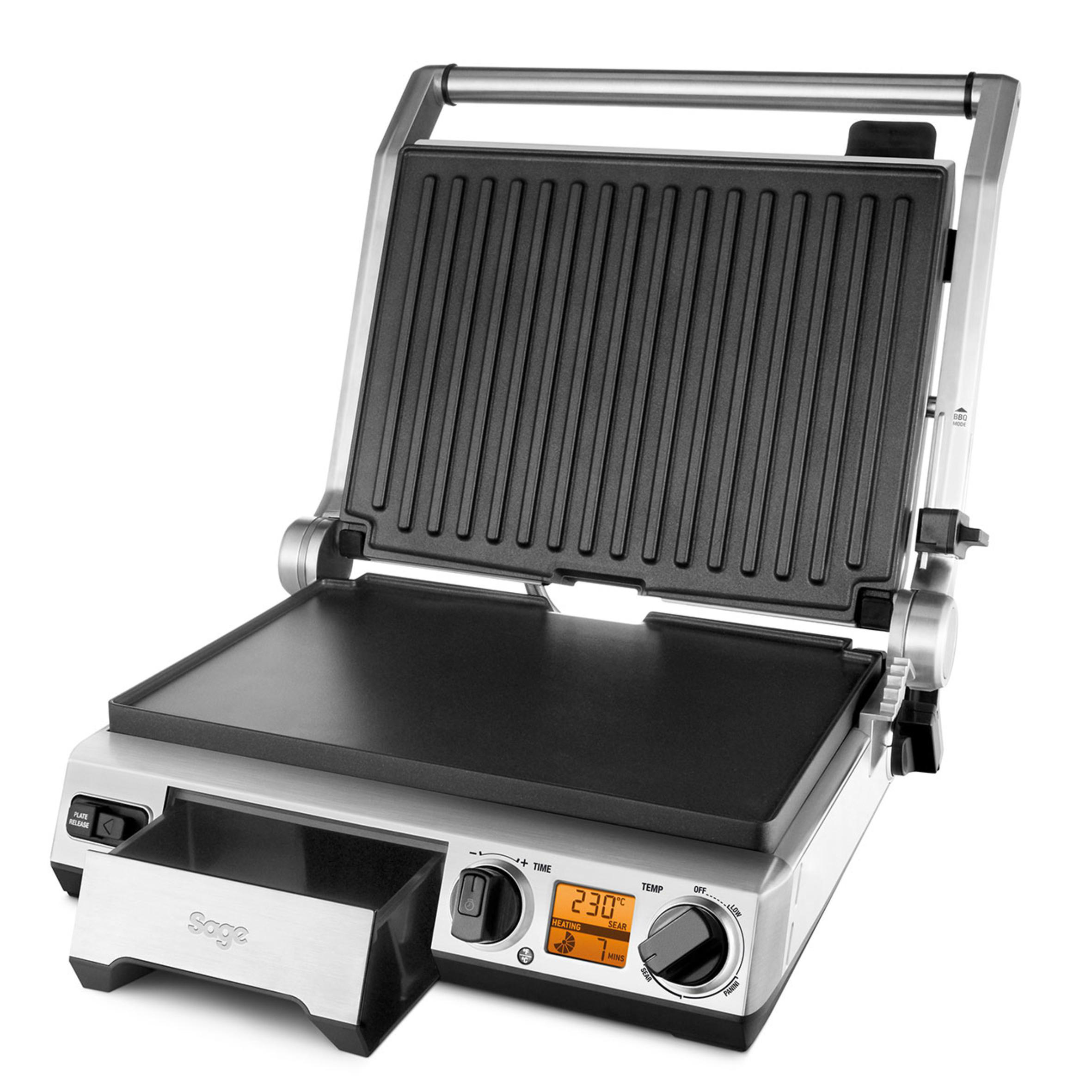 Silber-schwarzer Sage-Grill, offen, zeigt Grillplatten und Bedienelemente.