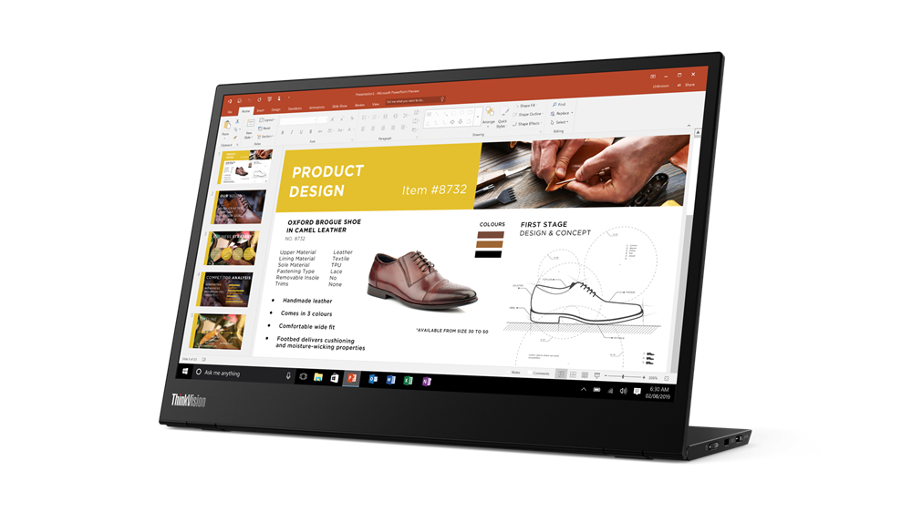 Laptopscherm met een productontwerp presentatie met een schoen en tekst.