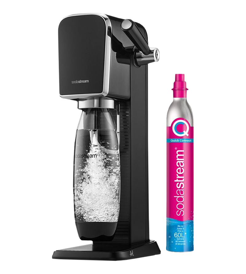 Machine SodaStream noire avec une bouteille de CO2 rose et une bouteille en verre.