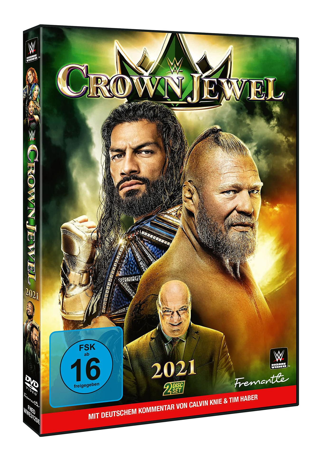 DVD-Cover mit Wrestlern, Text und einem Rating-Abzeichen.