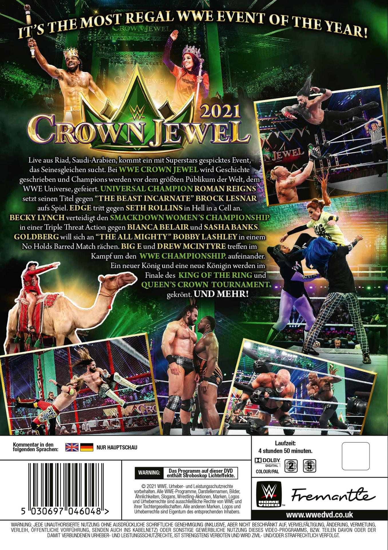 Die Rückseite einer WWE Crown Jewel 2021 DVD. Es zeigt verschiedene Wrestler und Event-Grafiken.