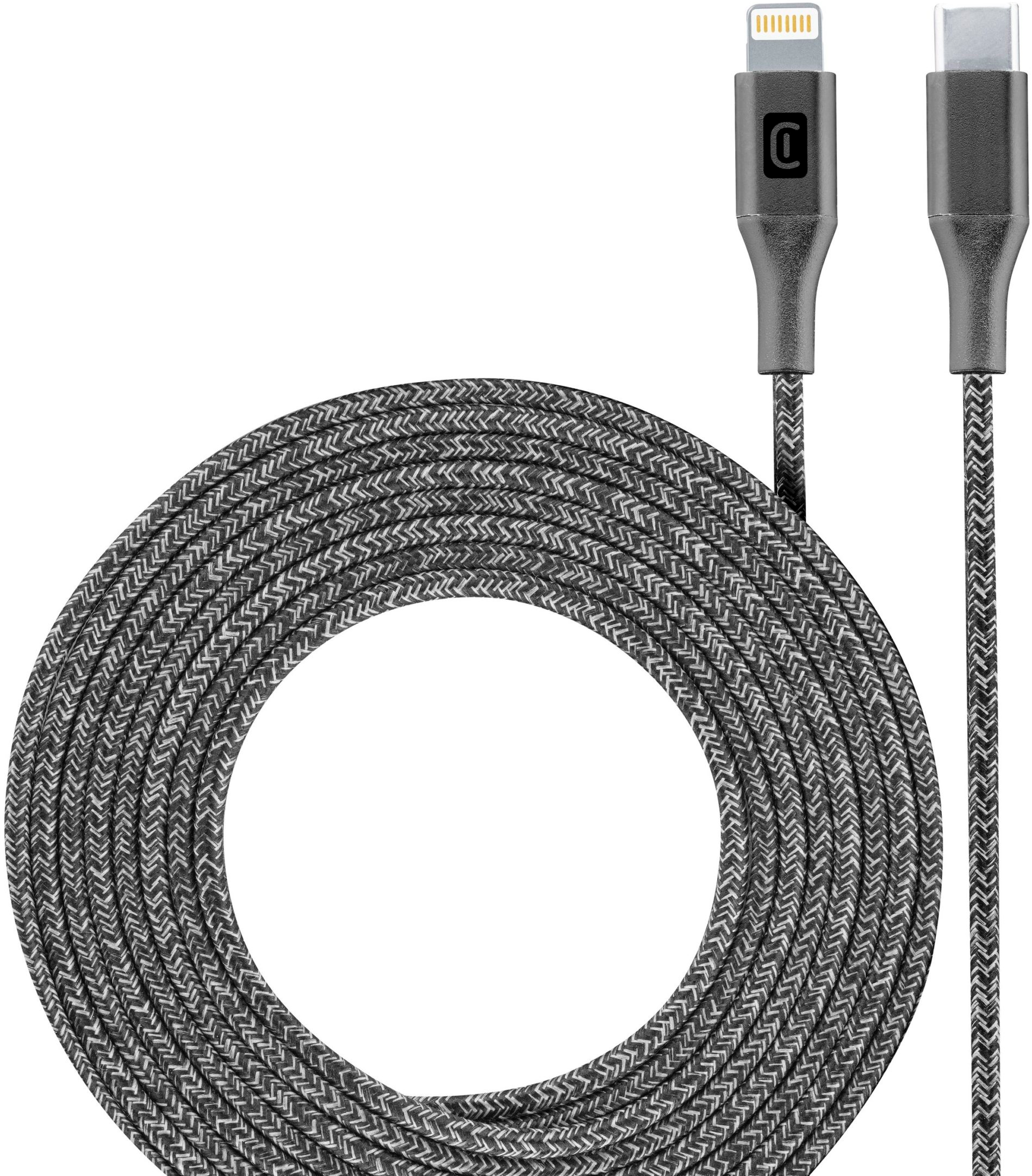 Graues geflochtenes Ladekabel mit Lightning- und USB-C-Anschlüssen. Weißer Hintergrund.