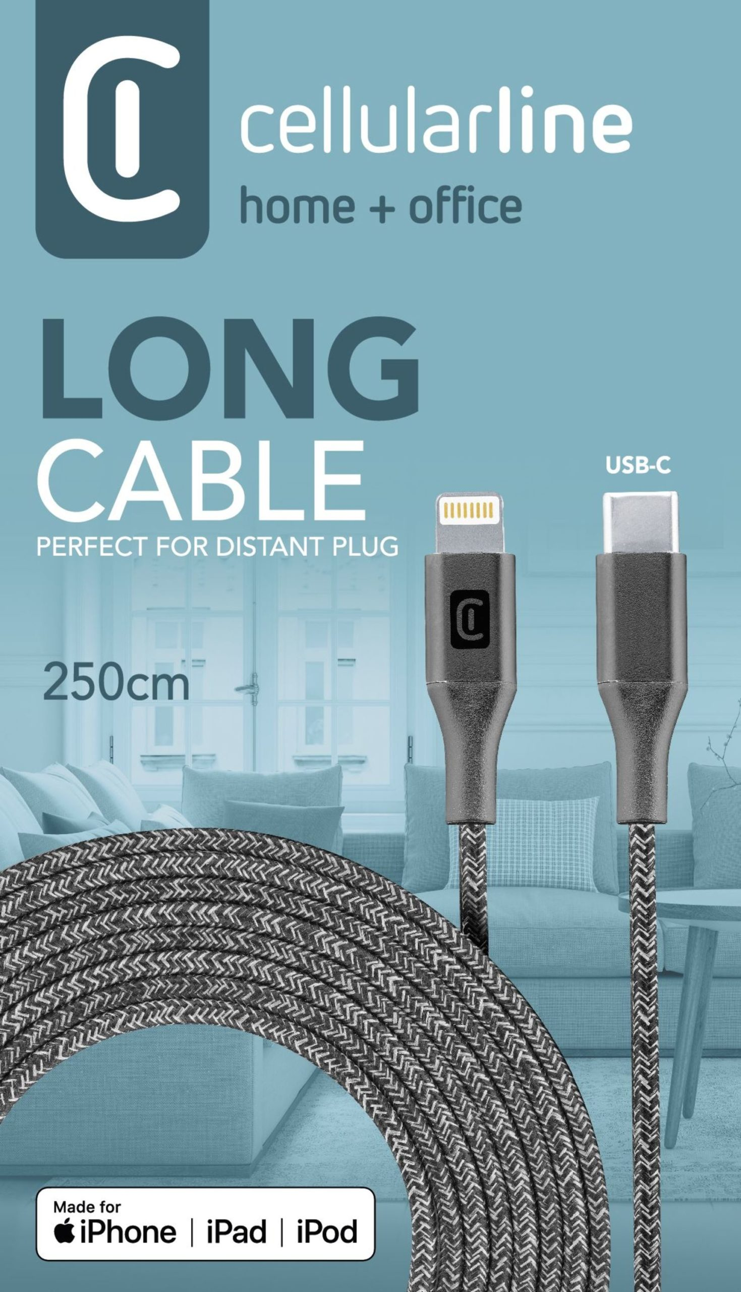 Ein langes graues USB-C-Kabel für iPhone, iPad und iPod mit Branding und Text.