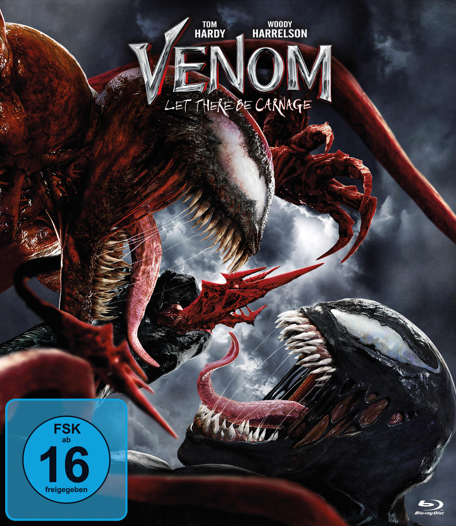 Filmcover: Venom und Carnage kämpfen, Venoms Gesicht und Zähne, roter Hintergrund.