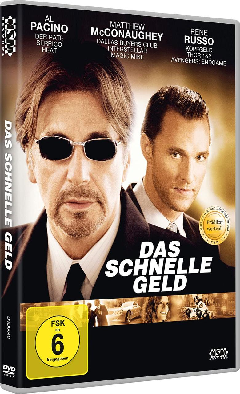 DVD-Cover von 'Das schnelle Geld' mit Al Pacino und Matthew McConaughey. FSK 6 Logo. Schwarzer Anzug und Sonnenbrille.