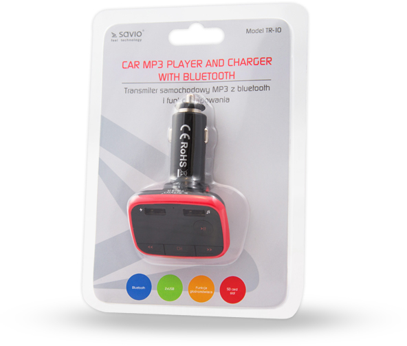 Autós MP3 lejátszó és töltő bluetooth-tal, műanyag csomagolásban.