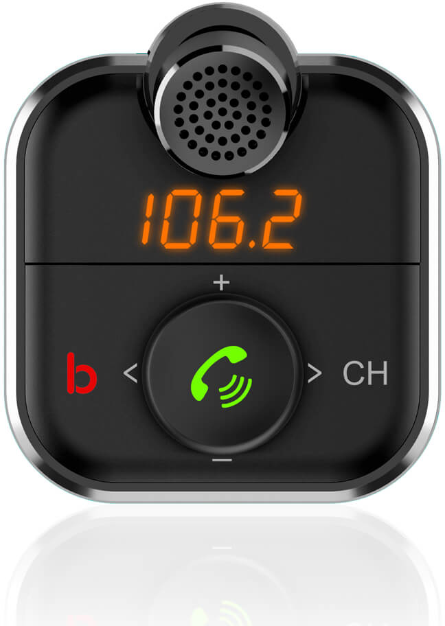 Fekete autó Bluetooth eszköz, 106.2 kijelzővel. Gombok: hívás és csatornaváltás.