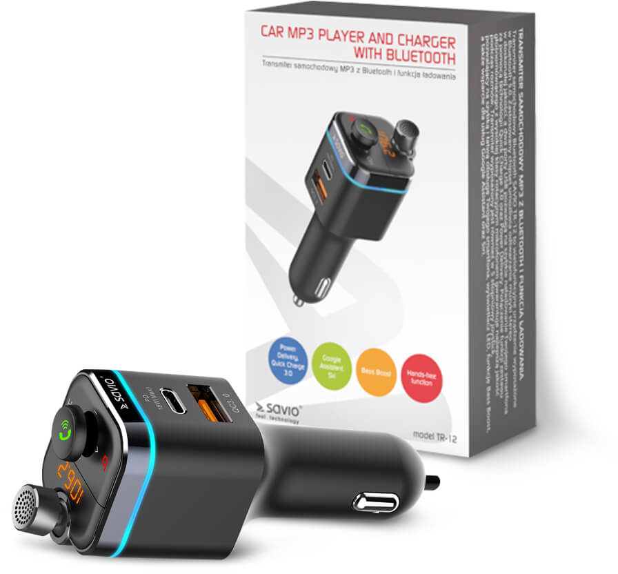 Autós MP3-lejátszó és töltő Bluetooth-szal a dobozában, és maga a készülék.