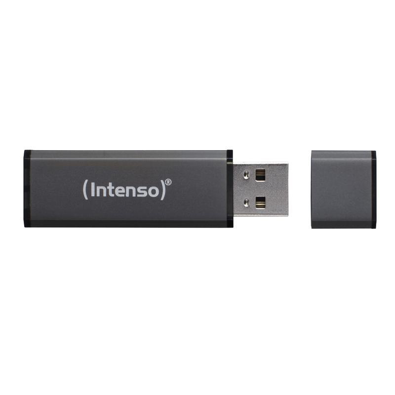 Dunkelgrauer USB-Stick mit dem Wort (Intenso), Kappe ist abgenommen.