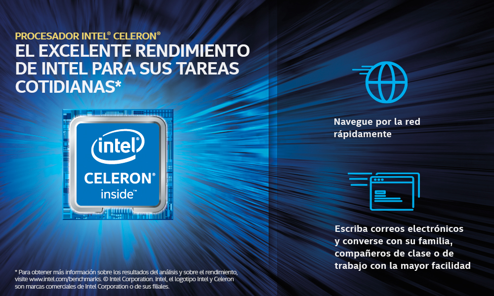 Un anuncio con el logotipo de Intel Celeron y texto en español.