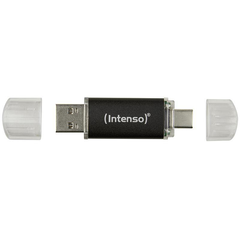 Ein schwarzer und silberner Intenso USB-Stick, mit entfernten Kappen.