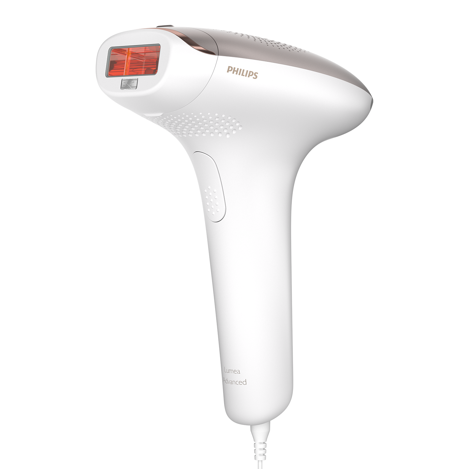 A white Philips Lumea device. It has a red light and is on a black background.