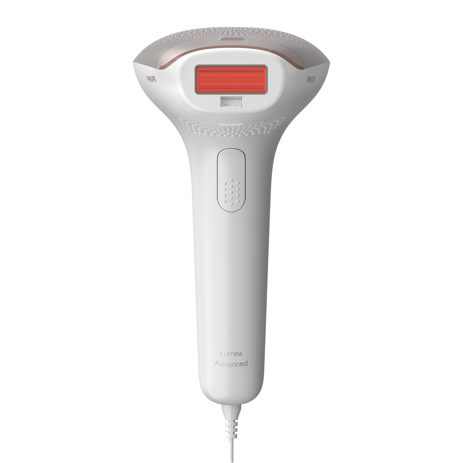 White hair removal device with a red light area. The device has a white handle and buttons.